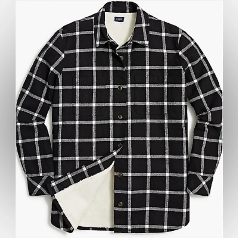 J. Crew Black & White Plaid Sherpa-lined shirt-jacket - Size MP